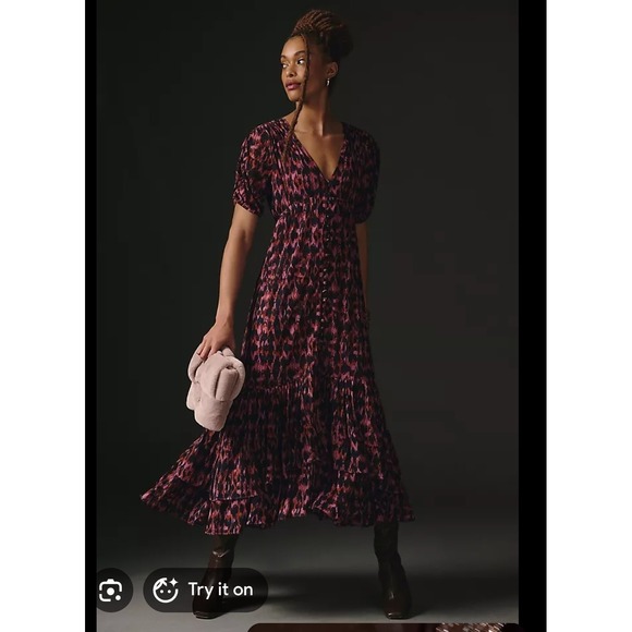 Anthropologie Dresses & Skirts - Anthropologie Women's Purple Printed Ruched-Sleeve Mesh Lined Maxi Dress Small